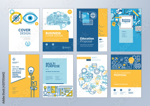 Set of brochure design templates on the subject of education, school, online learning. Vector illustrations for flyer layout, marketing material, annual report cover, presentation template.