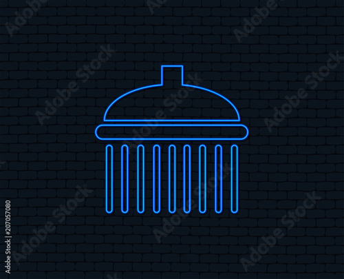 Neon light. Shower sign icon. Douche with water drops symbol. Glowing graphic design. Brick wall. Vector