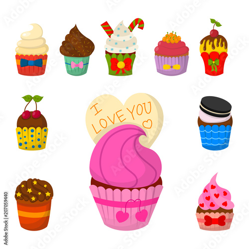 Set of cute vector cupcakes and muffins chocolate celebration birthday food s...