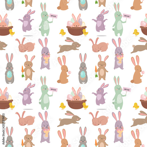 Easter rabbit character bunny seamless pattern background vector cute happy a...