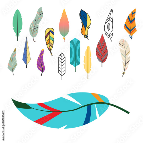 Tribal flat feather different style bird vintage colorful ethnic hand drawn e...