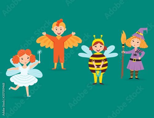 Cute kids wearing Christmas costumes vector characters little people isolated cheerful children holidays illustration