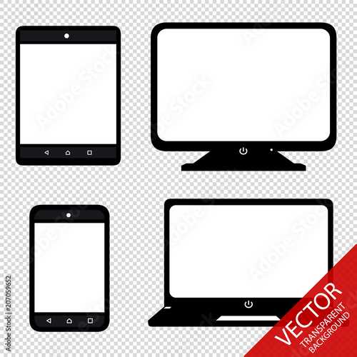 Multimedia Set Smartphone, Tablet, Laptop, Screen - Vector Illustration - Isolated On Transparent Background