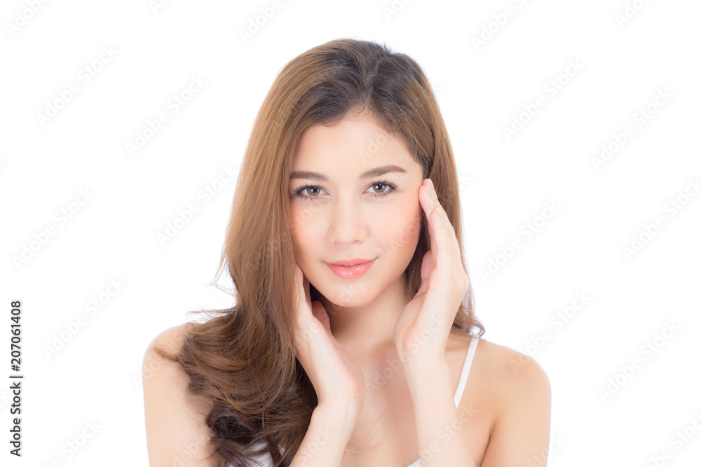 Portrait of beautiful woman makeup of cosmetic, girl hand touch cheek and smile attractive, face of beauty perfect with wellness isolated on white background with skin healthcare concept. Portrait of beautiful woman makeup of cosmetic, girl hand touch cheek and smile attractive, face of beauty perfect with wellness isolated on white background with skin healthcare concept.