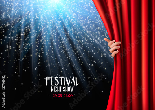 Background with red velvet curtain and hand. Vector illustration.