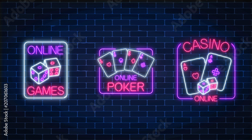 Set of three glowing neon signs of casino online games application. Casino bright signboard. Internet gambling banner.