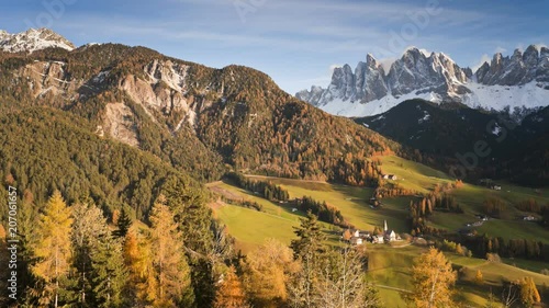 Landscape of St. Magdalena village and church, Geisler Spitzen 3060m, Val di Funes, Dolomites mountains, Trentino Alto Adige, South Tirol, Italy, Europe photo