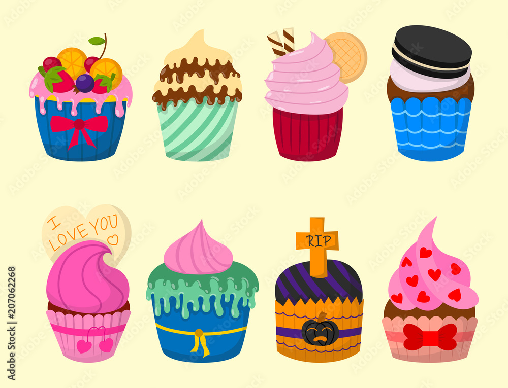 Set of cute vector cupcakes and muffins chocolate celebration birthday food sweet bakery party cute sprinkles decoration. Set of cute vector cupcakes and muffins chocolate celebration birthday food sweet bakery party cute sprinkles decoration.