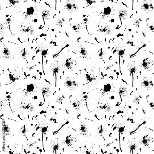 Ink splashes blots splatter seamless pattern background grunge design element and art messy backdrop color dirty liquid shape spatter black white silhouette illustration