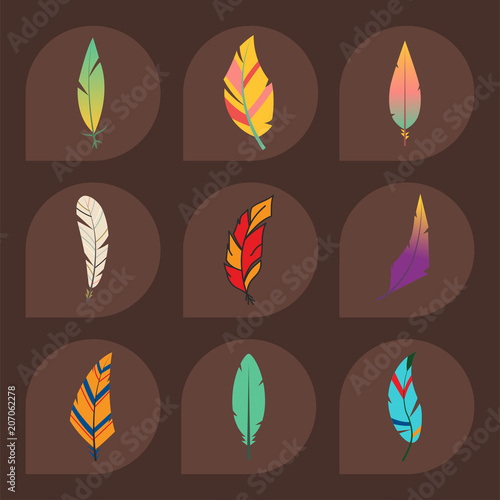 Tribal flat feather different style bird vintage colorful ethnic hand drawn e...