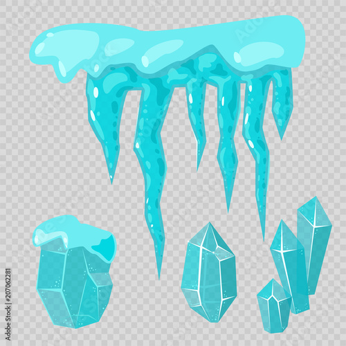 Realistic ice caps snowdrifts and icicles broken piece bit lump cold frozen block crystal winter decor vector illustration