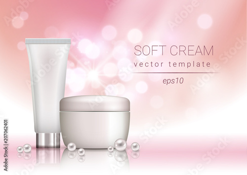 Vector soft cosmetic cream blank package adevrtisement template with pearls and sparkles