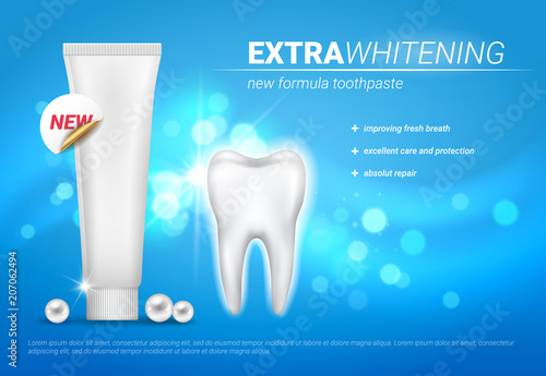 Vector advertisement poster design for whitening toothpaste with plank tube, shining tooth and pearls