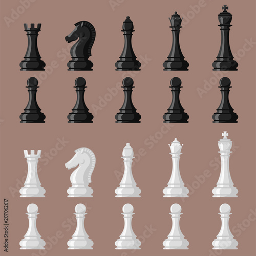 Chess board and chessmen vector leisure concept knight group white and black piece competition