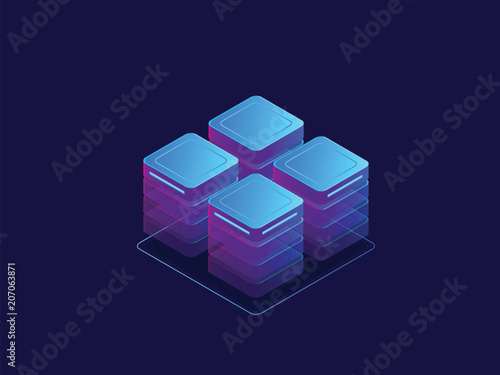 Ultraviolet banner, server room, abstract technology objects, cloud storage, data center isometric vector