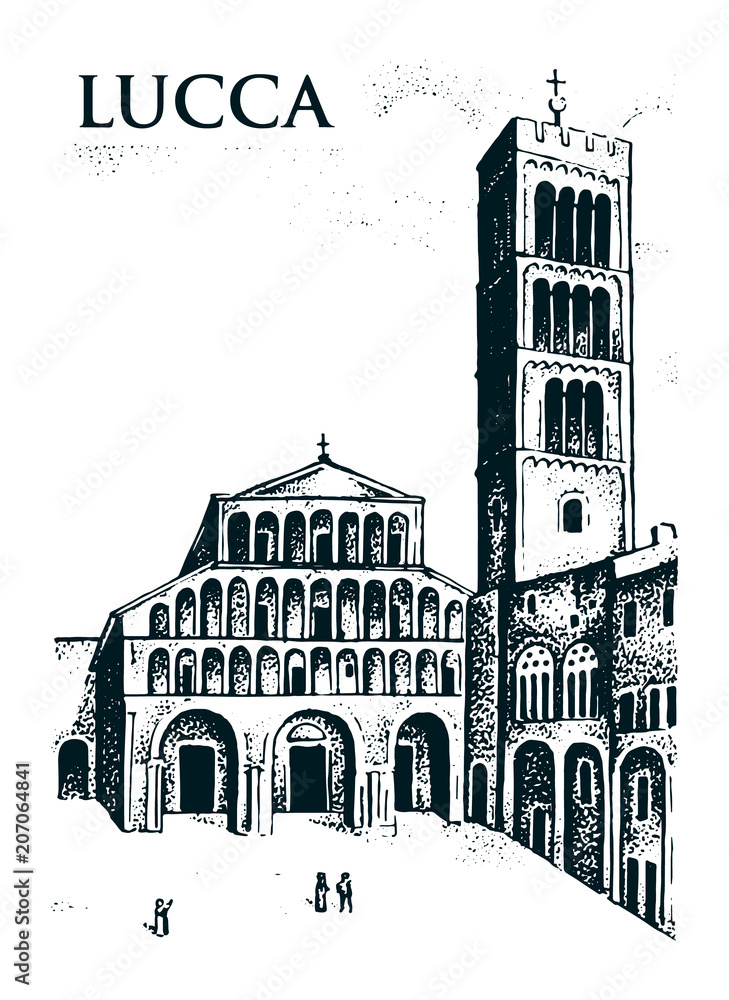 Historical old building. Facade in Lucca. Gothic Baroque style. Ancient Architecture of street in Tuscany Italy. European city on white background. Vector illustration. Hand drawn engraved sketch.