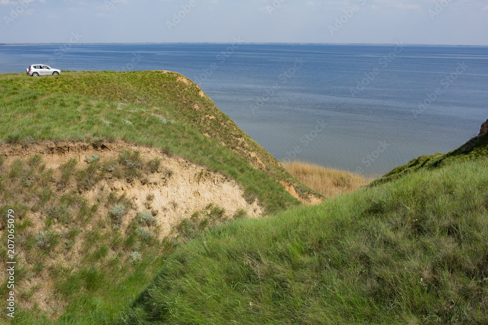 Beautiful summer landscapes with clay cliffs near delta of river Dnieper and Black sea