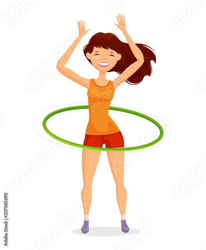 Sport girl turns the hula hoop. Fitness, healthy lifestyle concept. Funny cartoon vector illustration