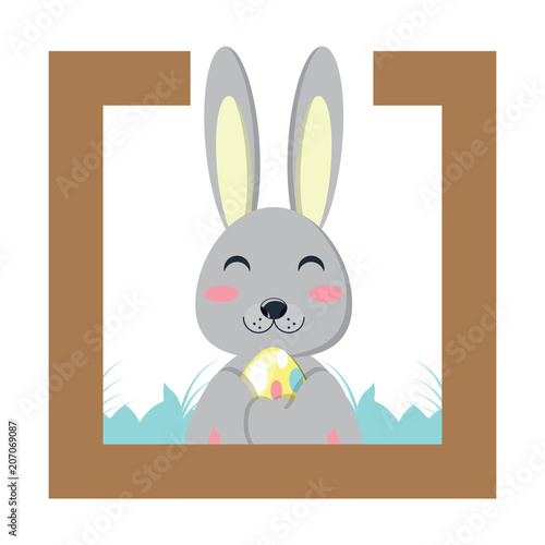 decorative frame with cute rabbit adn easter eggs over white background, vector illustration