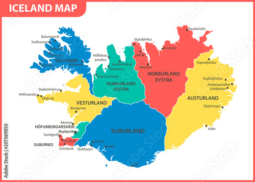 Fotografie, Obraz The detailed map of Iceland with regions or states and cities, capital