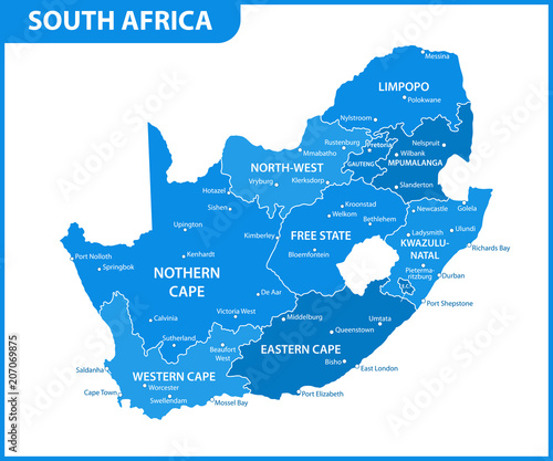 The detailed map of South Africa with regions or states and cities, capital. Administrative division photo