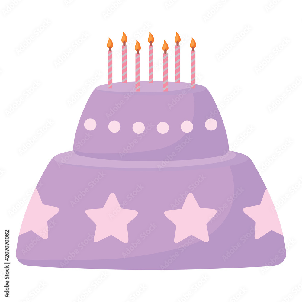 Birthday cake with decorative stars and candles over white background, colorful design. vector illustration Birthday cake with decorative stars and candles over white background, colorful design. vector illustration