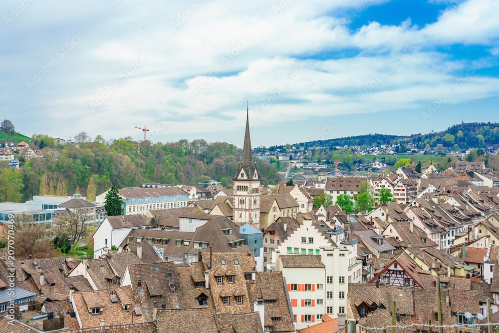 Panoramic view of the old town of Schaffhausen, Switzerland from Munot fortress. Swiss canton of Schaffhausen in northern Switzerland