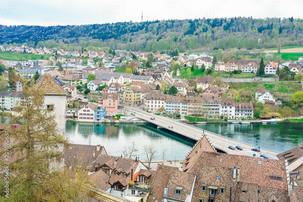 Panoramic view of the old town of Schaffhausen, Switzerland from Munot fortress. Swiss canton of Schaffhausen in northern Switzerland