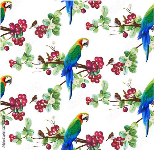 Tropical trendy seamless pattern with parrot bird.