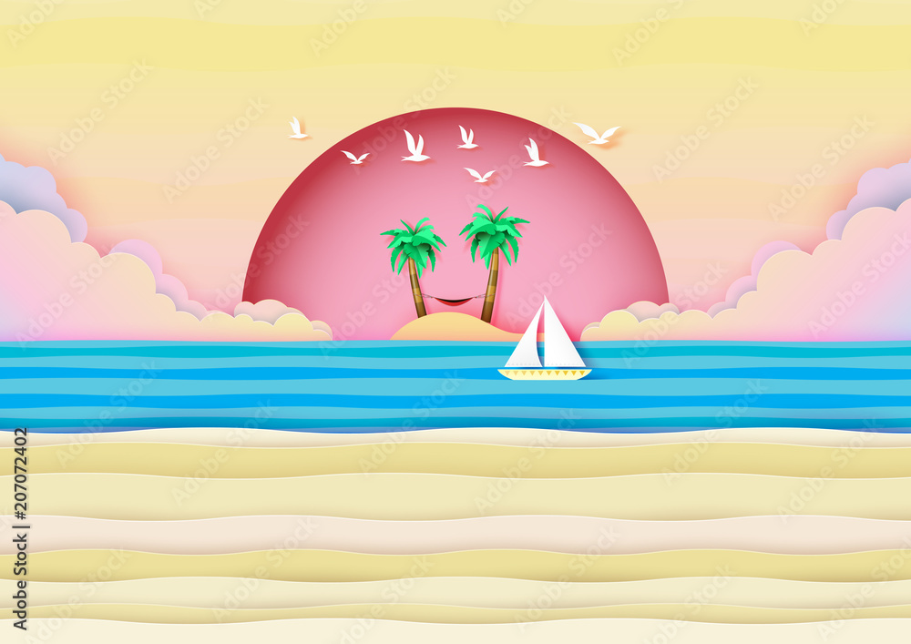 Summer beach landscape with sand,sailboat and blue wave ocean background.Paper art vector illustration