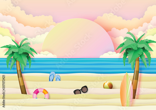Summer beach and travel banner concept design on blue wave ocean background.Paper art vector illustration