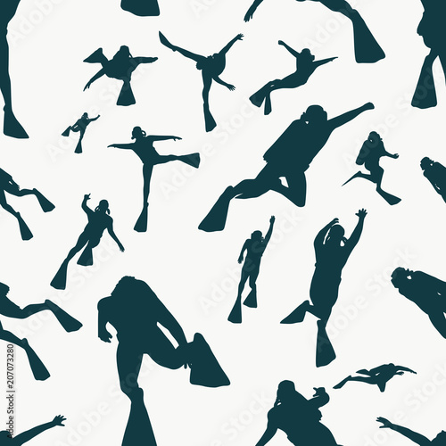 Silhouettes of diver. Seamless background with diver icons. The concept of sport diving.