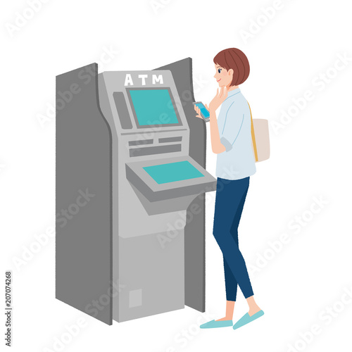 ATM　操作する女性　イラスト
