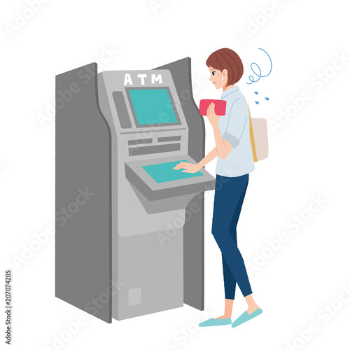 ATM　操作する女性　イラスト
