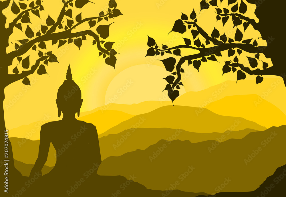  buddha statue under the Bodhi (Sacred Fig) tree and mountain on sunset background,sunset, silhouette style