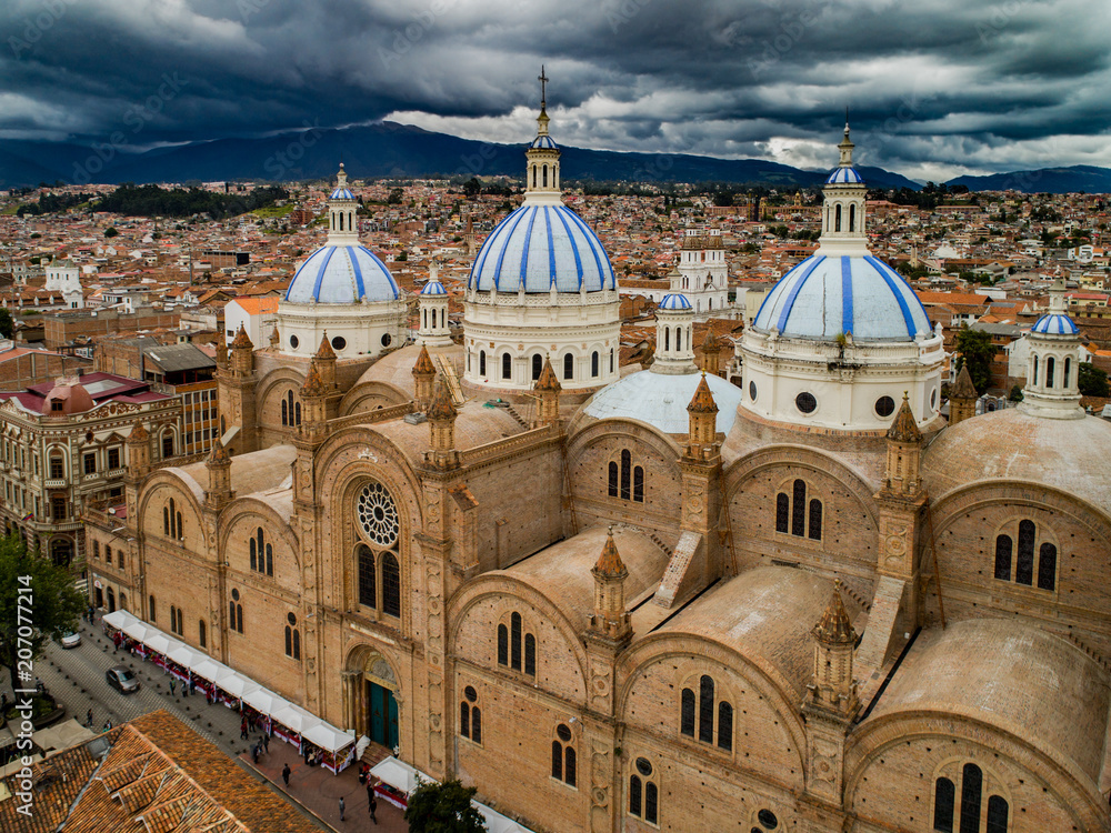 Aerial View of New Cathedral in center of Cuenca, Ecuador