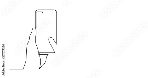 Self drawing animation of continuous line drawing of hand with mobile phone