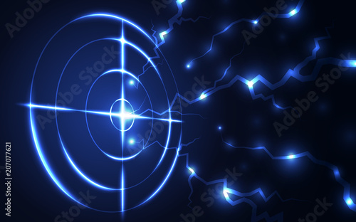 Abstract blue radar, target, shooting range with lightning digital technology concept.