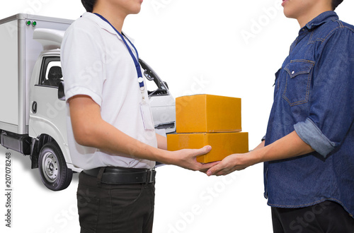 Man hand accepting delivery boxes from delivery man. Express delivery service concept. © funfunphoto