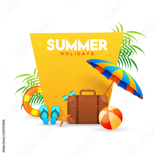 Summer holidays poster with traveling bag, umbrella, volley ball and flip-flops on beige backgound.