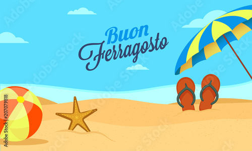 Italian festival Buon (happy in italian language) Ferragosto text on blue sky, beach background with umbrella, volleyball and starfish. Summer holidays in Italy concept. photo