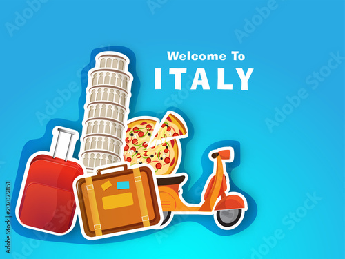 Itlay travel concept with leaning tower of Pisa, travelling bags, scooter and Italina pizza on blue background.