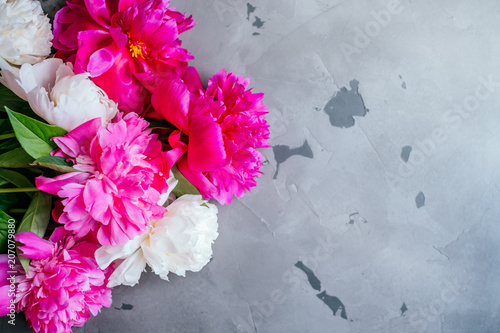 Beautiful fuchsia and white peony flower bouquet on the grey concrete background. Closeup  flatlay style.