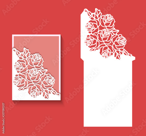 Paper greeting card with lace border, pattern of roses. Cut out template for cutting. Suitable for laser cutting. Laser cut envelope template for invitation wedding card