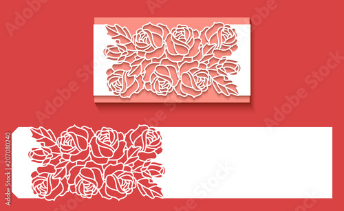 Paper greeting card with lace border, pattern of roses. Cut out template for cutting. Suitable for laser cutting. Laser cut envelope template for invitation wedding card