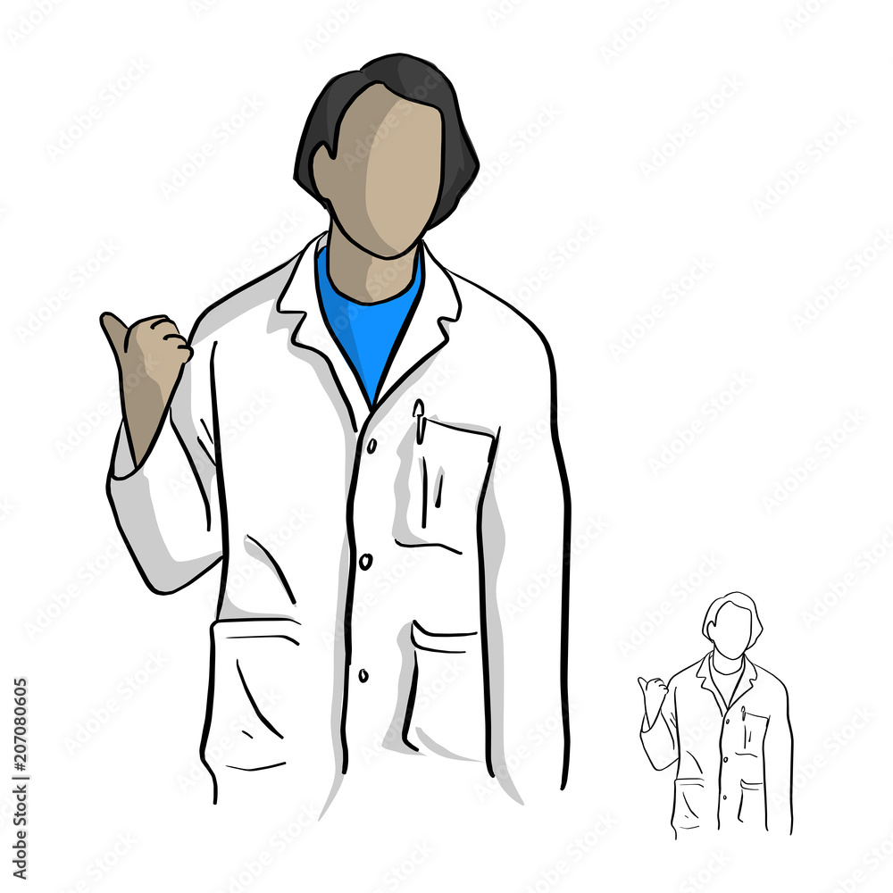 Fototapeta premium doctor in white gown making a gesture pointing to the back with a thumb vector illustration sketch doodle hand drawn with black lines isolated on white background