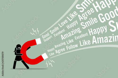 Woman using a big magnet to attract social media likes. Vector artwork illustration depicts the concept of social media attraction, likes, hype, viral and the Internet technology.