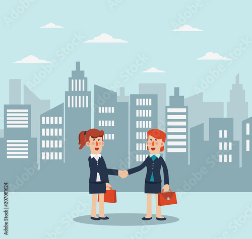 Young business women talking and discussing in a city street. Two successful and smiling business women shake hands. Partnership  cooperation  collaboration and teamwork in business vector concept