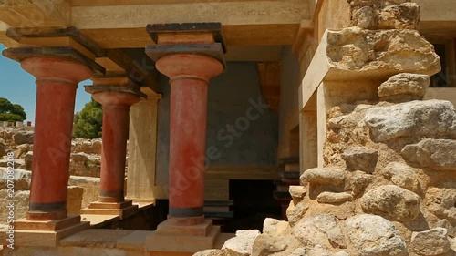 Telephoto panning shot of a temple within the complex of the Minoan Palace of Knossos, Heraklion, Crete, Greece photo