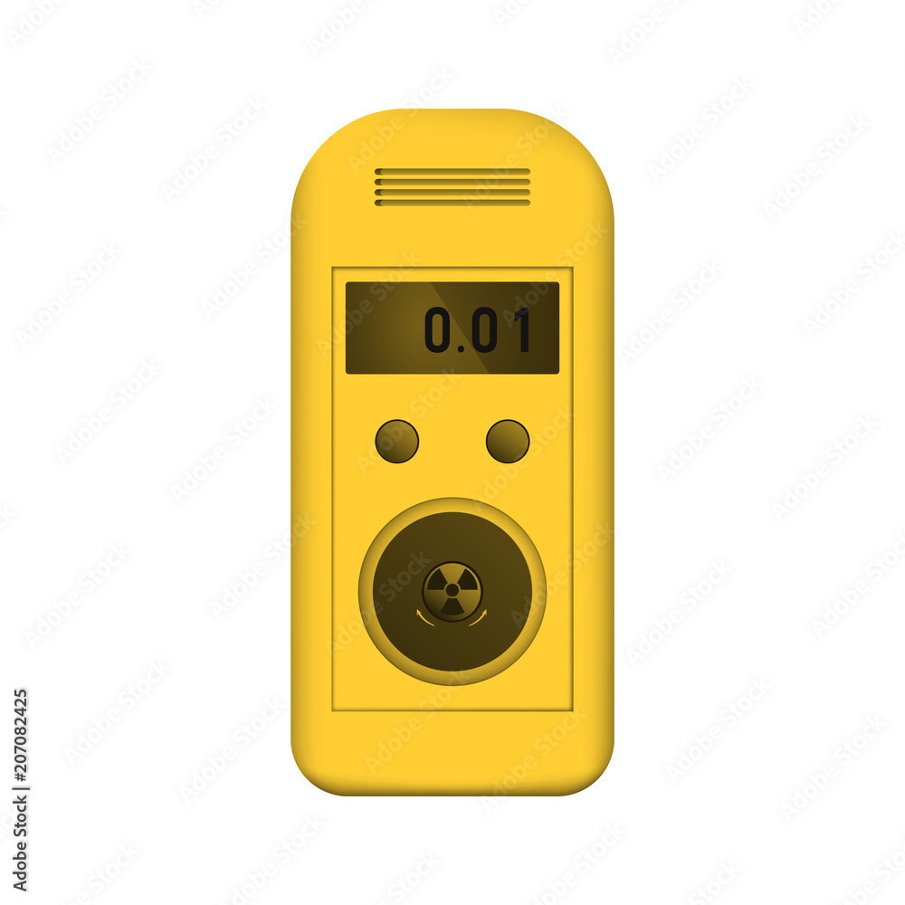 Radiation dosimeter. Counter Geiger. Measurement of radioactive background dose. Vector illustration. Yellow equipment.